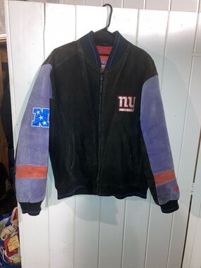 NY Giants Black and Purple Suede Varsity Jacket with Red Accents